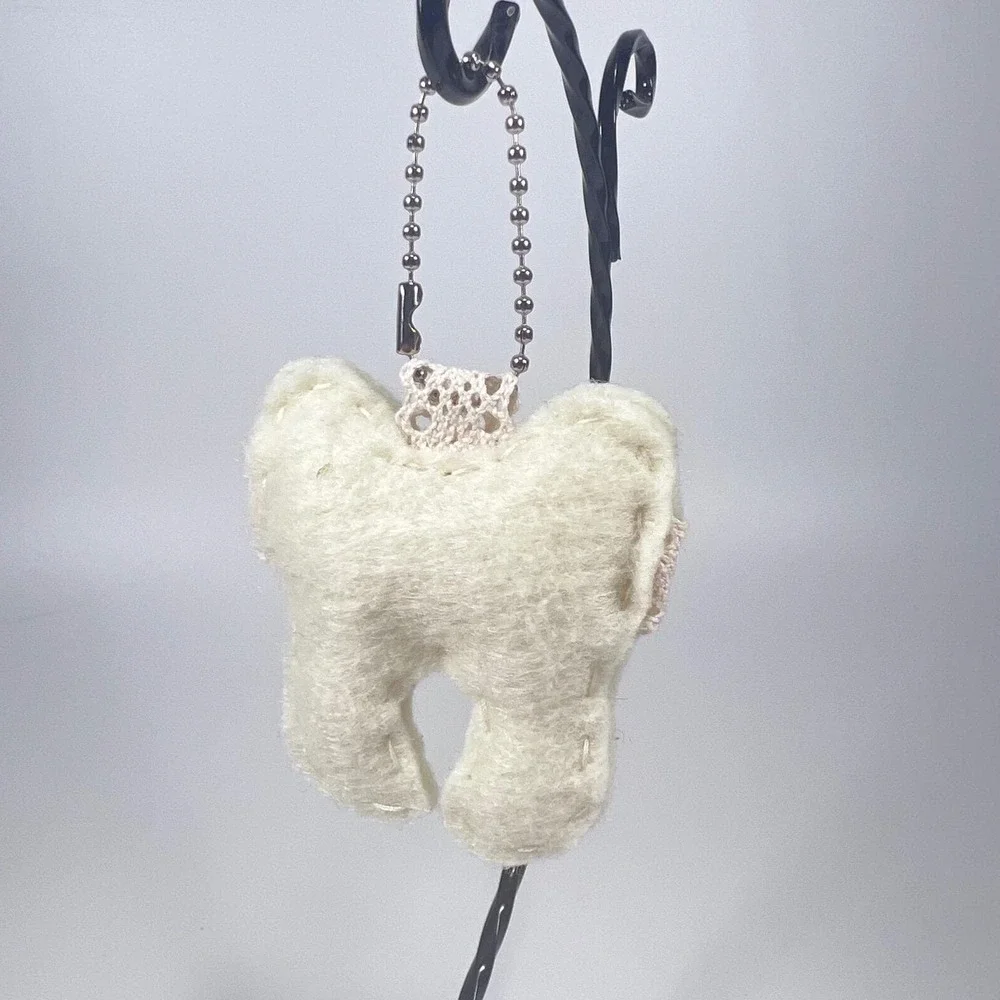 Hand Sewn Felt Tooth Keychain Lace Button Molar Dental Charm Bag Fob Off White